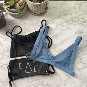 Fae Swim Yoga Bra swim sports bra baby blue surf mesh drawstring backpack top